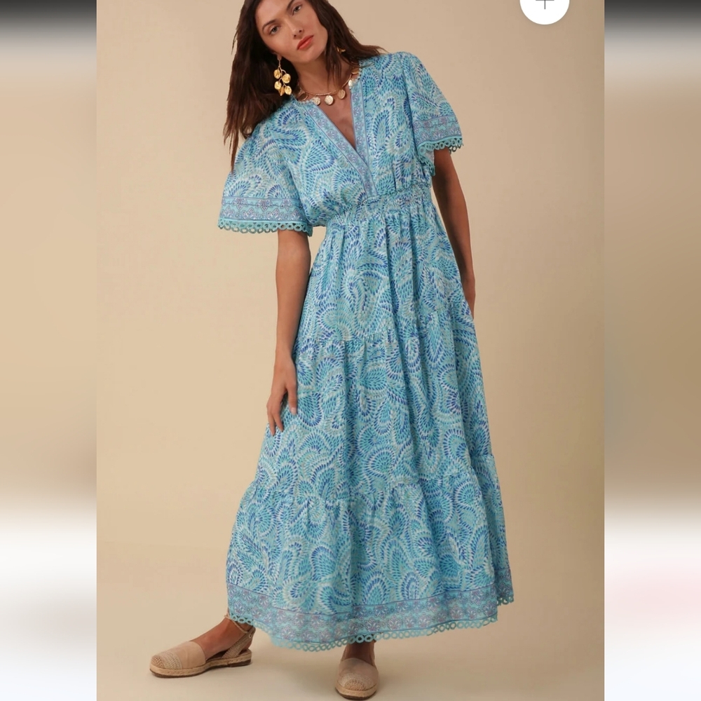 Hale Bob KYLIE Blue Teal Swirl Printed Linen Maxi Dress Large L EUC